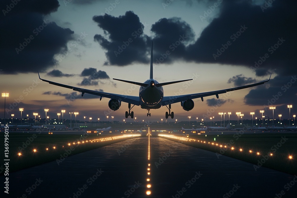 Airliner Approaches Runway Under a Vibrant Twilight Sky. Generative AI Airliner Approaches Runway Under a Vibrant Twilight Sky. Generative AI
