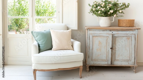 French cottage style living room, soft armchair, low vintage cabinet, pastel pillows, simple inviting look