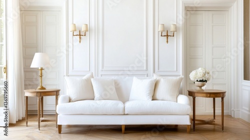 Fototapeta Naklejka Na Ścianę i Meble -  French country living room, white sofa, wall sconces with soft light, warm wood floor, linen cushions
