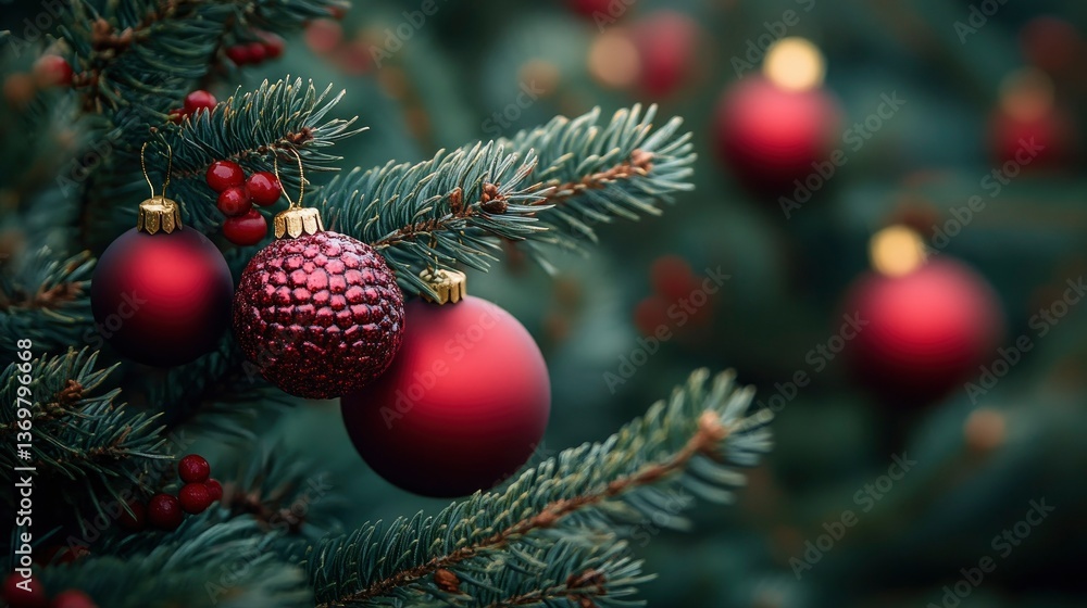 Festive Red Christmas Ornaments on a Spruce Tree Branch Festive Red Christmas Ornaments on a Spruce Tree Branch