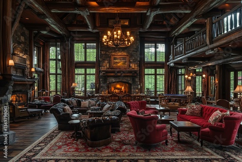 A spacious interior of a luxurious wooden cabin featuring furniture