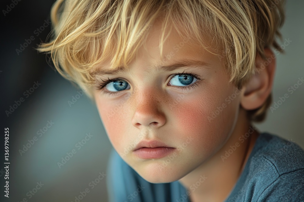 A boy with blond hair and a sad expression A boy with blond hair and a sad expression