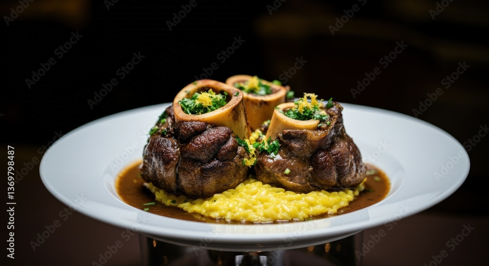 Ossobuco alla Milanese served with creamy risotto in a restaurant setting in Italy Ossobuco alla Milanese served with creamy risotto in a restaurant setting in Italy