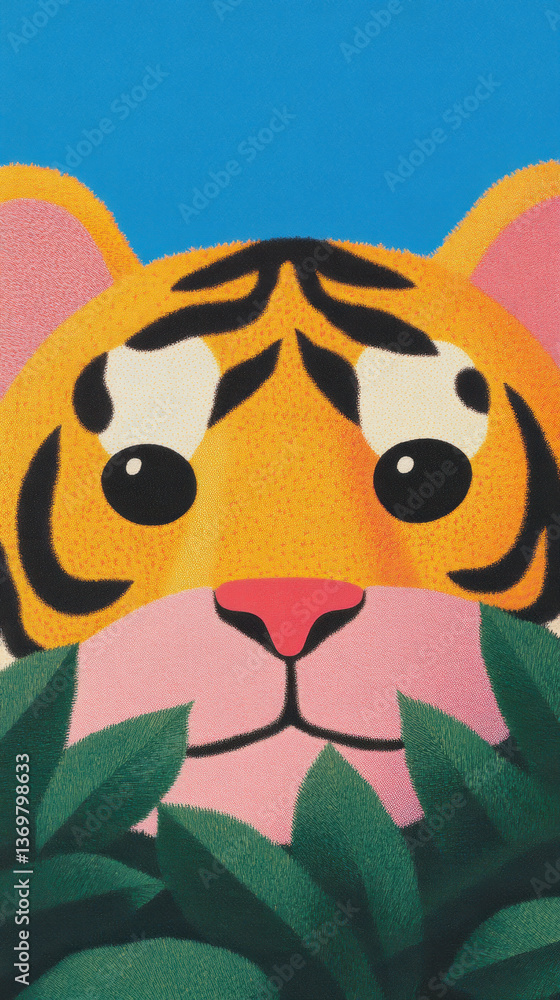 Obraz premium Illustration of a Tiger's Face with Green Leaves