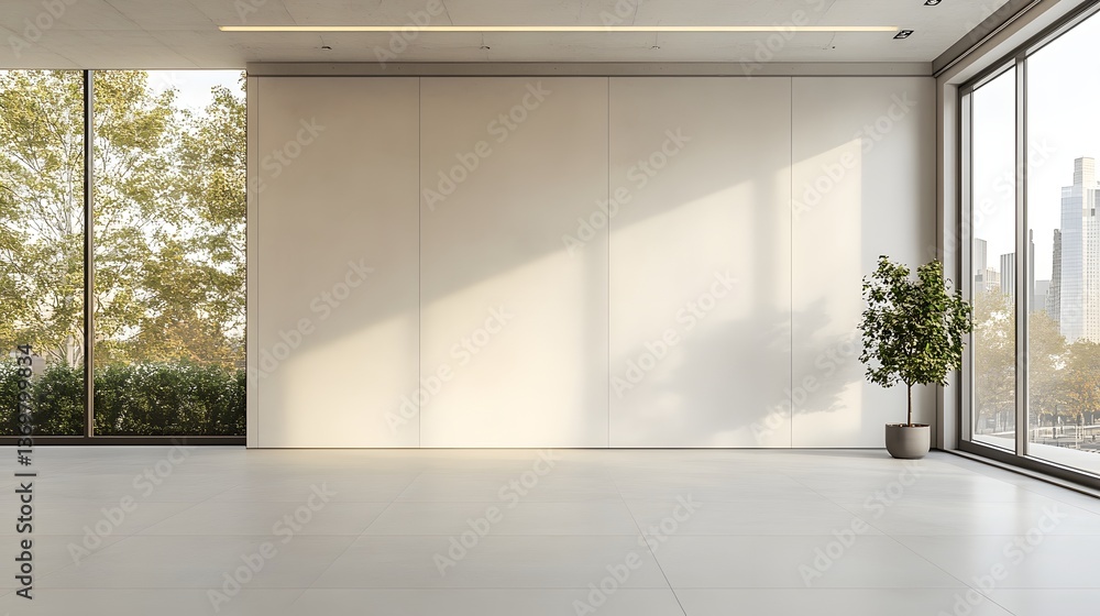 Obraz premium Modern Office Space with Large Window and City View Minimalist Design Sunlight Streaming In