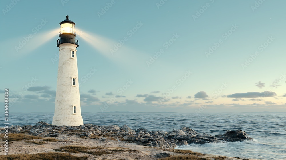 Illuminated Lighthouse on Rocky Coast at Dusk Illuminated Lighthouse on Rocky Coast at Dusk
