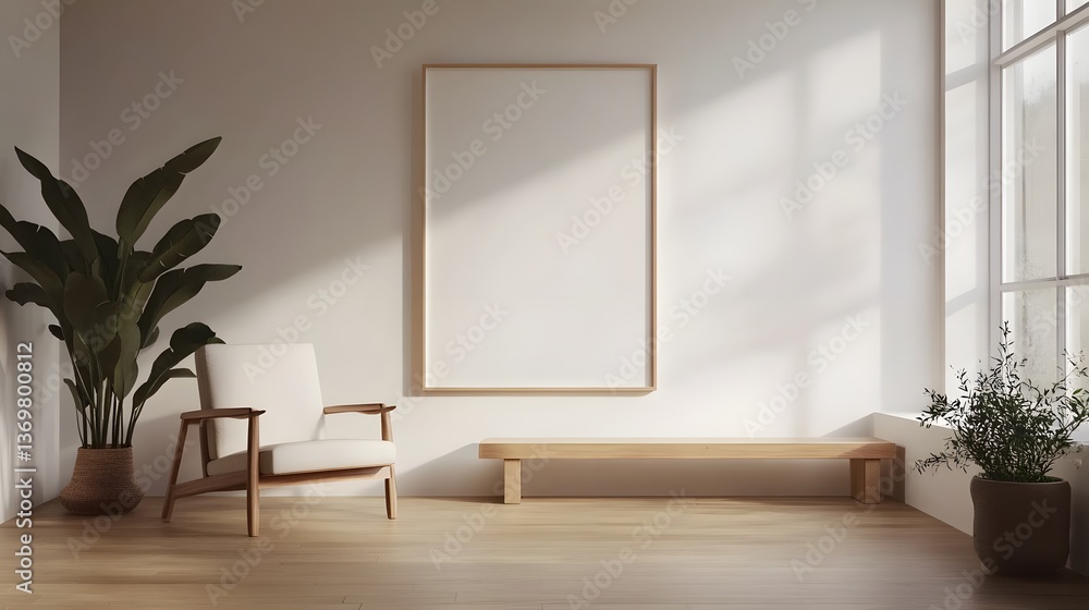 Modern Minimalist Room Interior Design Mockup with Wooden Bench and Chair Modern Minimalist Room Interior Design Mockup with Wooden Bench and Chair
