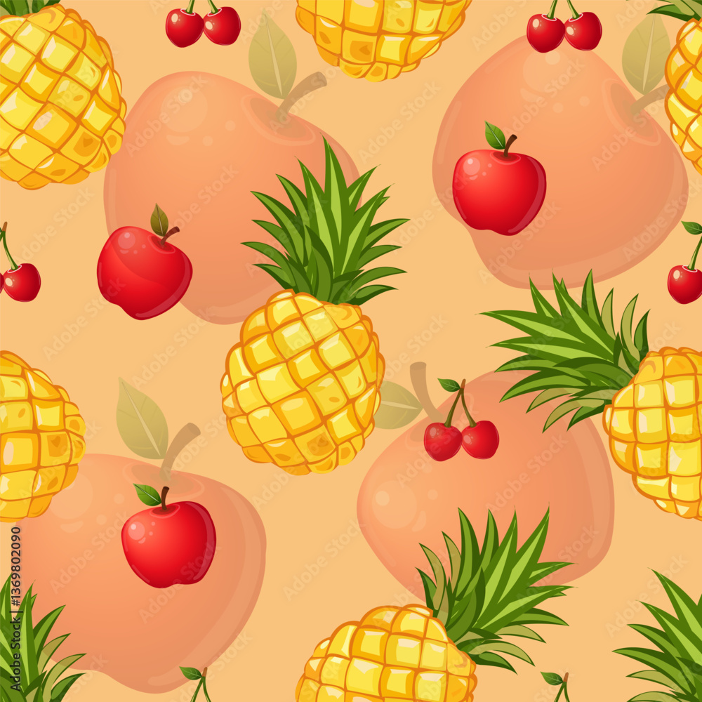 summer seamless pattern with big yellow pineapples, apples and cherries on a light background summer seamless pattern with big yellow pineapples, apples and cherries on a light background