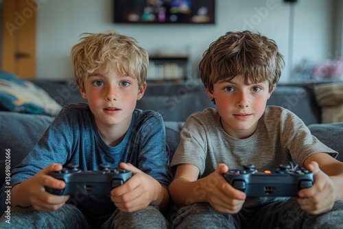 Two boys playing video games at home