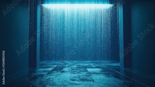 Futuristic interior, rain, dark, illuminated, minimalist, modern space. Use Stock photo