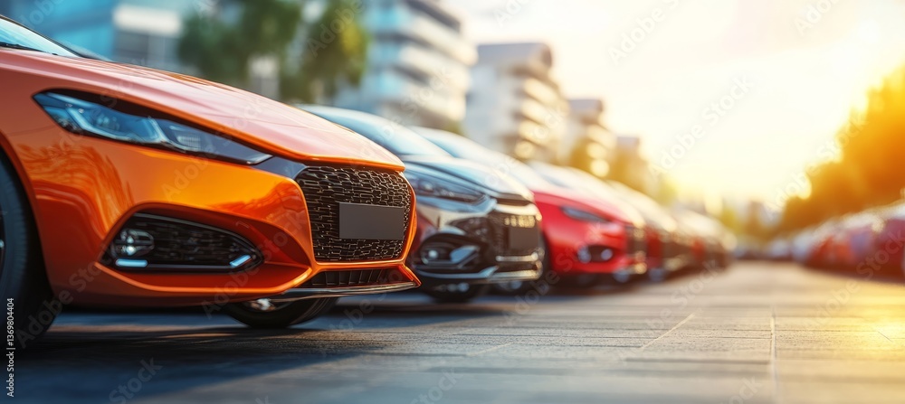 New Cars For Sale. A Row Of Brand New Vehicles Parked In A Row At A Dealership. On A Sunny Day