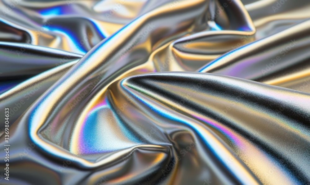 Iridescent holographic fabric folds background texture close-up Iridescent holographic fabric folds background texture close-up