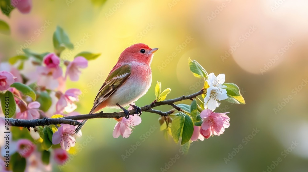 Vibrant Bird Sitting on Branch Surrounded by Blooming Flowers Vibrant Bird Sitting on Branch Surrounded by Blooming Flowers