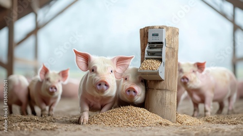 Piglets eagerly gather around an automated feeder dispensing grain in a barn setting