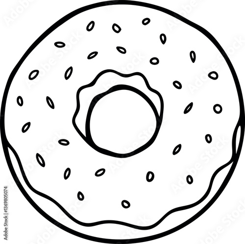 Outline Donut with Sprinkles Black and White Simple Drawing Style, isolated on white