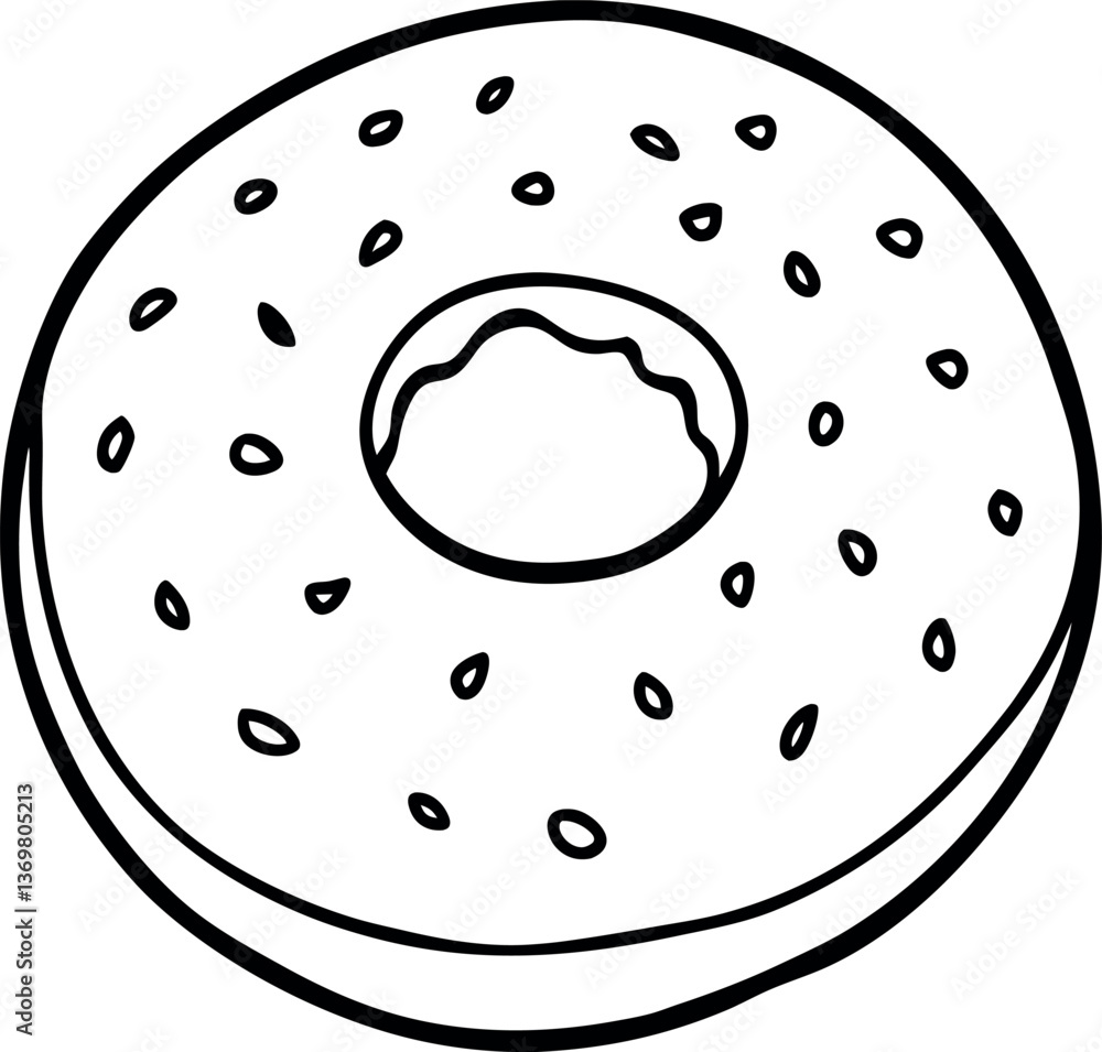 Simple Outlined Donut with Seeds, Black and White Drawing, Minimalist Style, Isolated Simple Outlined Donut with Seeds, Black and White Drawing, Minimalist Style, Isolated