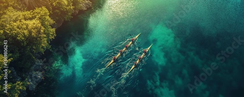 Aerial drone top panoramic view of sport canoe rowing synchronous athletes competing in tropical exotic lake
