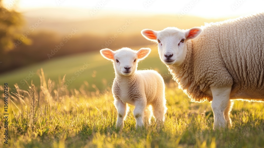 Fototapeta premium Adorable Lamb and Mother Sheep in Beautiful Country Landscape