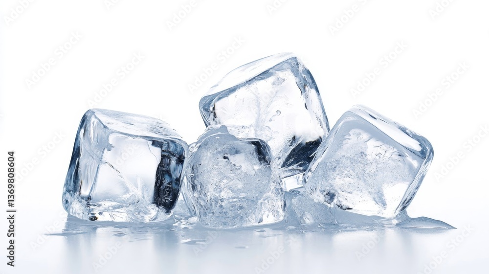 Clear ice cubes stacked on reflective surface with melting water droplets visible. Clear ice cubes stacked on reflective surface with melting water droplets visible.