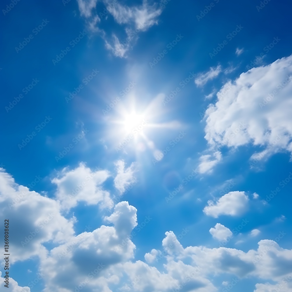 Bright Sun Shining Through Fluffy White Clouds In A Blue Sky Bright Sun Shining Through Fluffy White Clouds In A Blue Sky