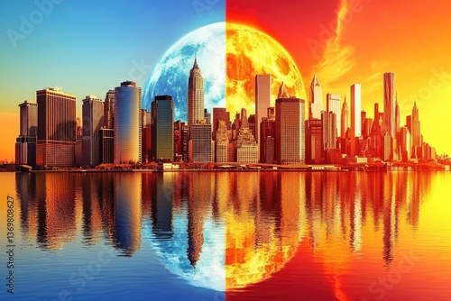 Ethereal Cityscape Reflections A Dualistic Vision of Urban Majesty and Celestial Glow