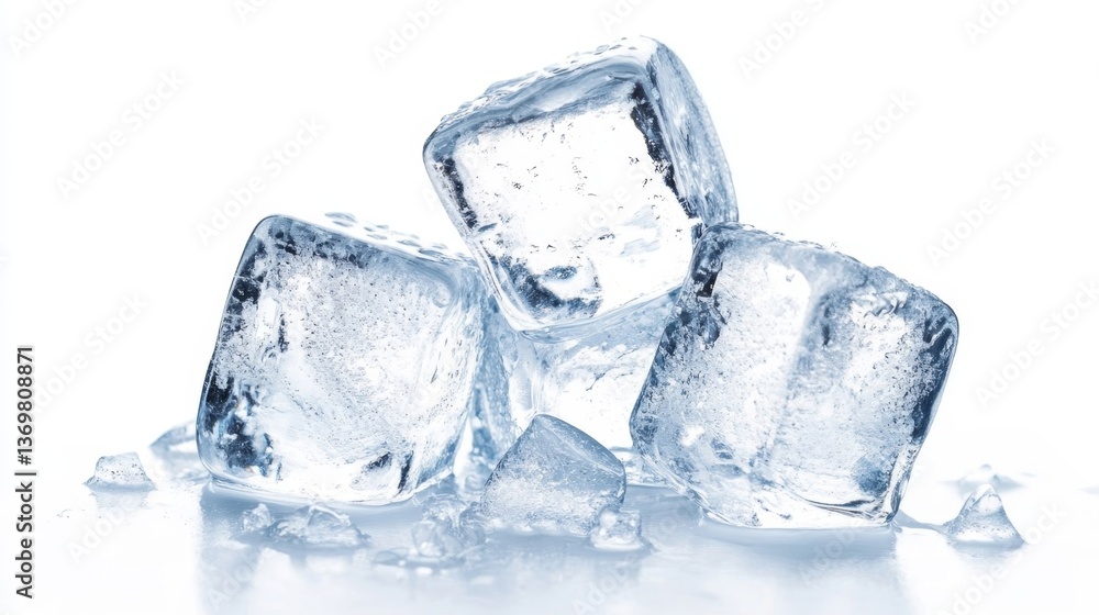 Clear ice cubes stacked on reflective surface with melting water droplets visible. Clear ice cubes stacked on reflective surface with melting water droplets visible.