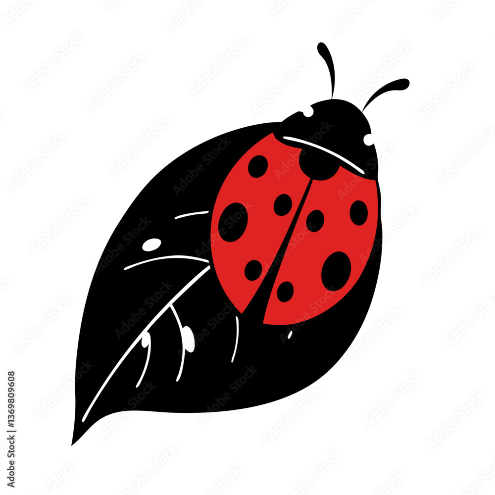 Obraz premium Ladybug on Leaf: A stylized illustration showcases a vibrant red ladybug, its iconic spots boldly displayed against the stark backdrop of a dark leaf.