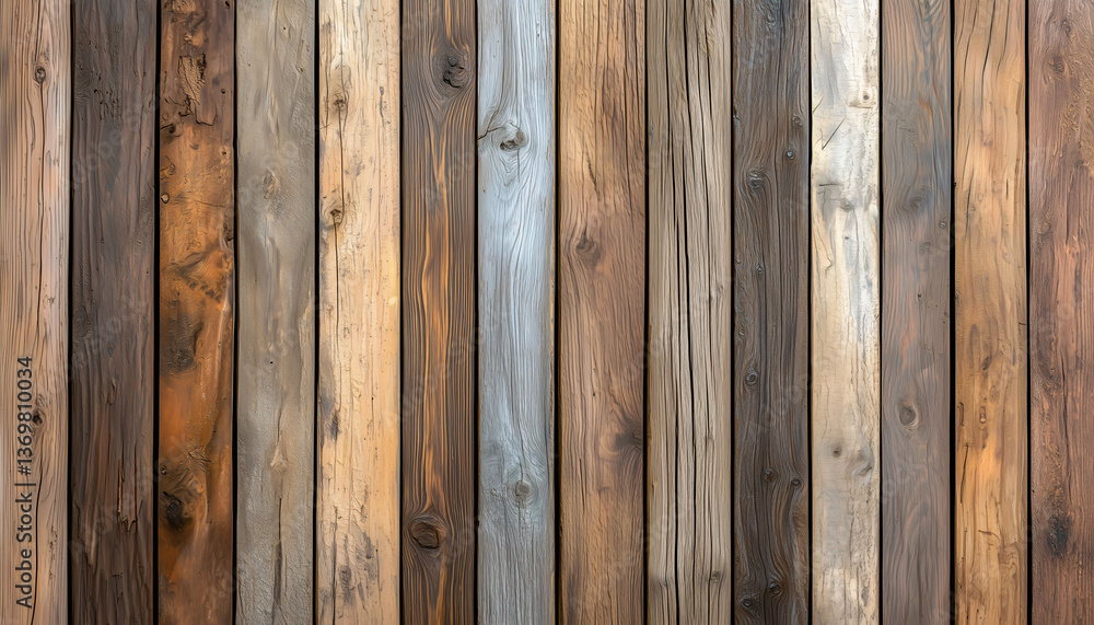 Fototapeta premium Wood Plank Texture: A close-up view showcases an arrangement of vertical wooden planks with varied tones and textures, offering a rich display of natural beauty and design.