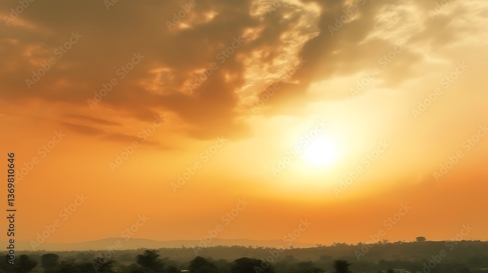 Golden Sunset Over Distant Rolling Hills and Trees Golden Sunset Over Distant Rolling Hills and Trees