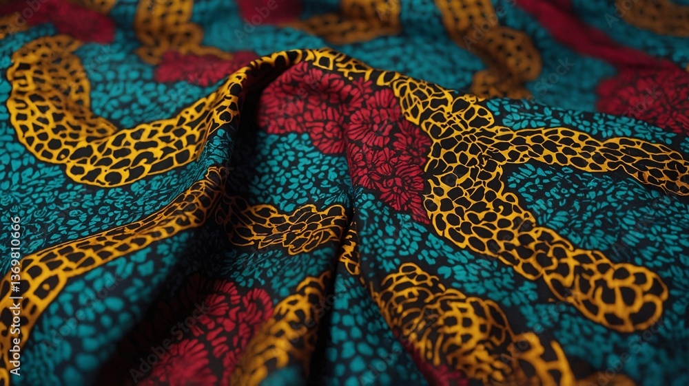 Colorful fabric featuring intricate patterns in bold teal, yellow, and red tones. Colorful fabric featuring intricate patterns in bold teal, yellow, and red tones.