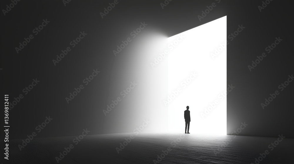A person stands in front of an open door, the light from which shines down on them and illuminates their silhouette. A person stands in front of an open door, the light from which shines down on them and illuminates their silhouette.