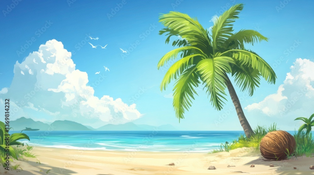 Fototapeta premium Tranquil Tropical Beach Scene with Palm Tree and Calm Waters