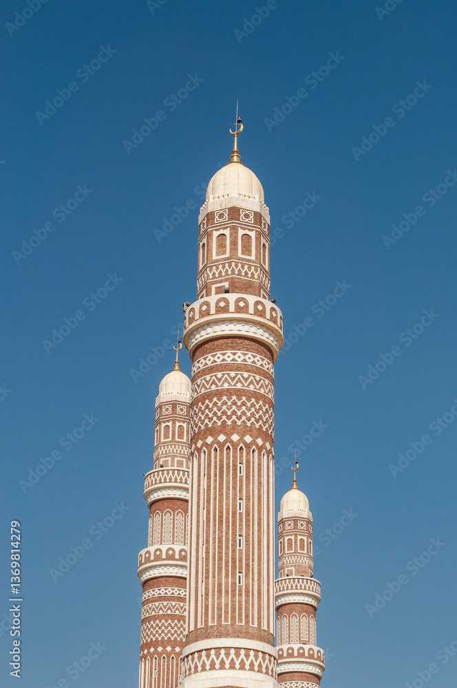 Yemen, Middle East, 02-05-2013: minarets of Al-Saleh Mosque, modern mosque in Sana’a, the largest in the country, inaugurated in 2008 by Yemeni President Ali Abdullah Saleh, open also to non-Muslims