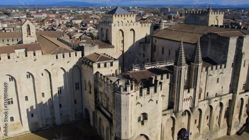 Aerial view of  Avignon France during springtime - Palais des Papes and the Pont D'Avignon on the river rhone in Avignon