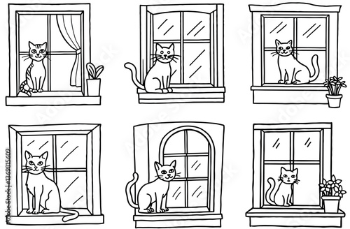 Whimsical Cats in Windows Line Art, Feline Silhouettes, Cute Pets, Black and White