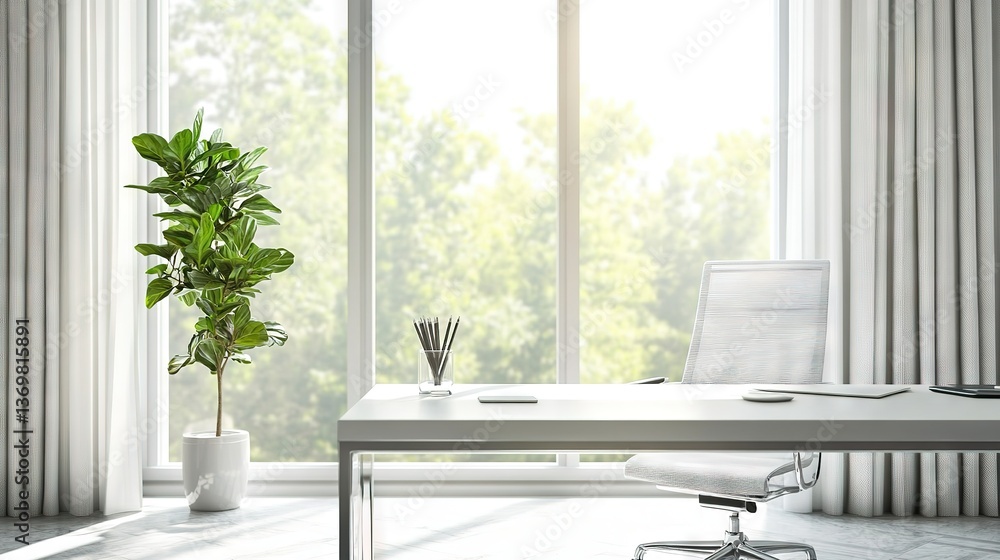 Fototapeta premium Sleek Office Minimalism: Sunlit Workspace with Design Aesthetics Design 