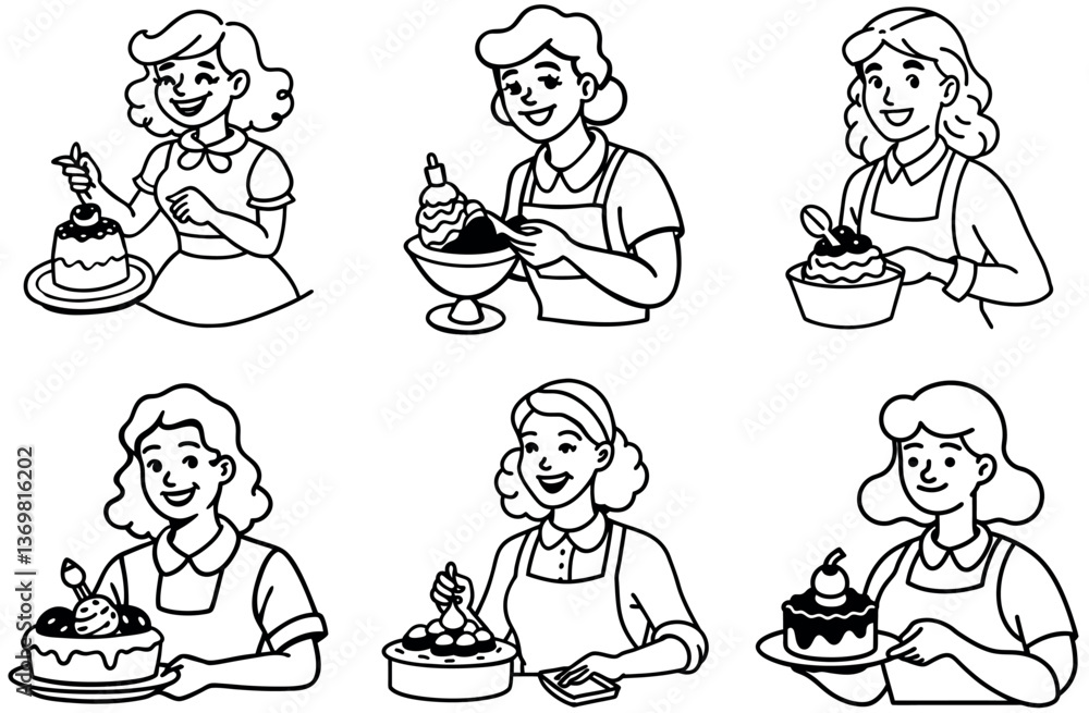 Outline Portrait Set Smiling Woman with Cake, Desserts, Cherries, Cooking, Happy Outline Portrait Set Smiling Woman with Cake, Desserts, Cherries, Cooking, Happy
