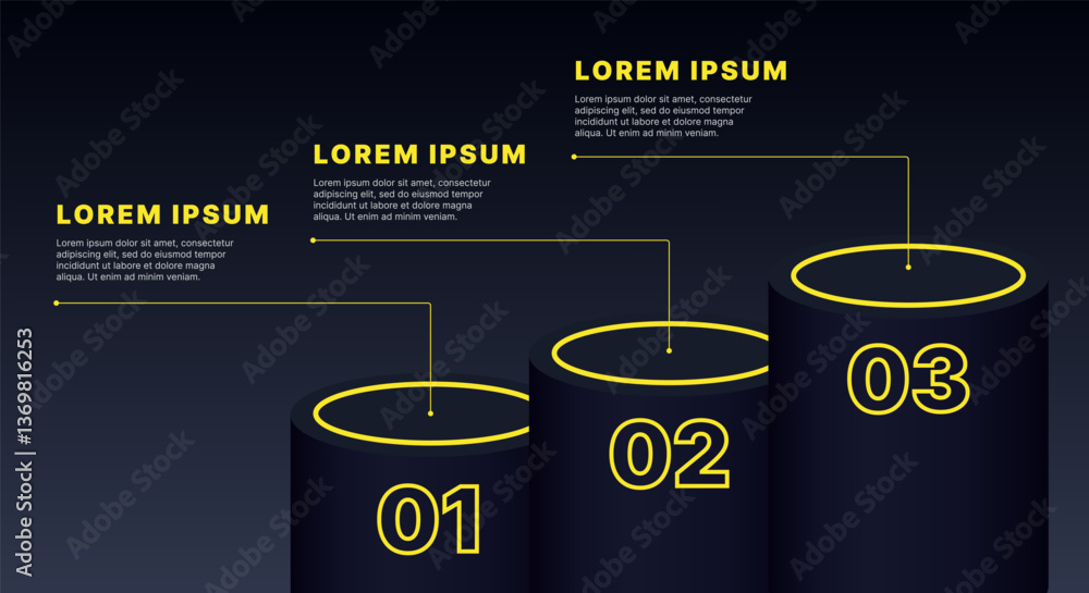 Modern infographic template for business presentations: step-by-step process with numbers, text blocks, and graphic elements for easy demonstration of a plan, strategy, or report.