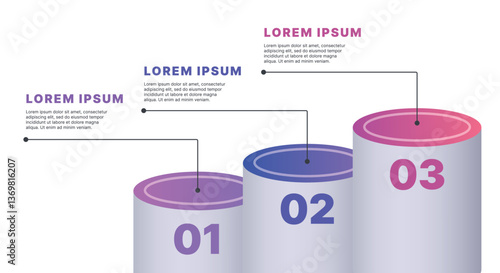 Modern infographic template for business presentations: step-by-step process with numbers, text blocks, and graphic elements for easy demonstration of a plan, strategy, or report.
