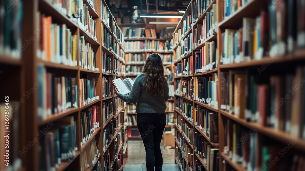 A person reading a book amidst rows of bookshelves in library A person reading a book amidst rows of bookshelves in library