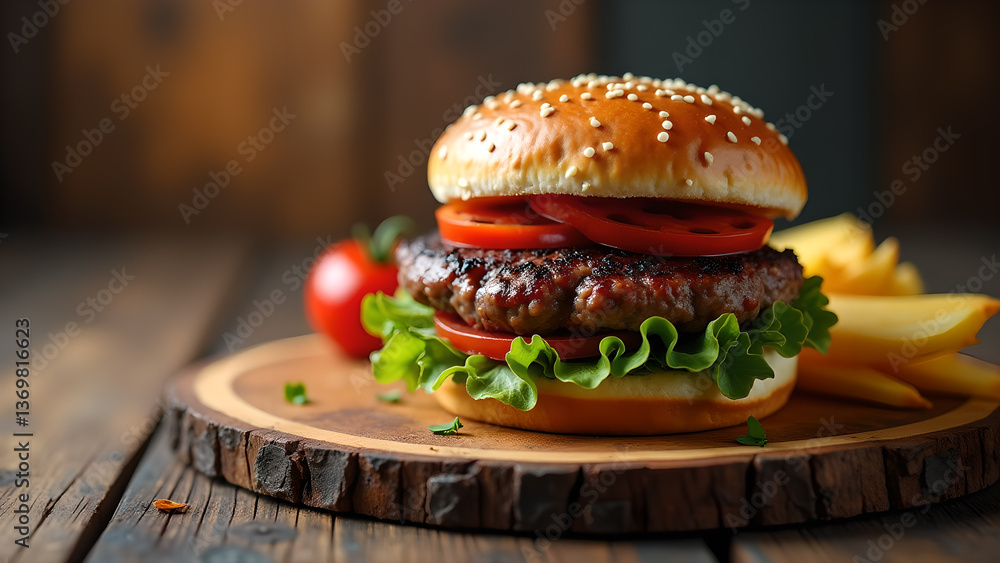 custom made wallpaper toronto digitalDelicious Sesame Seed Burger on Rustic Plank