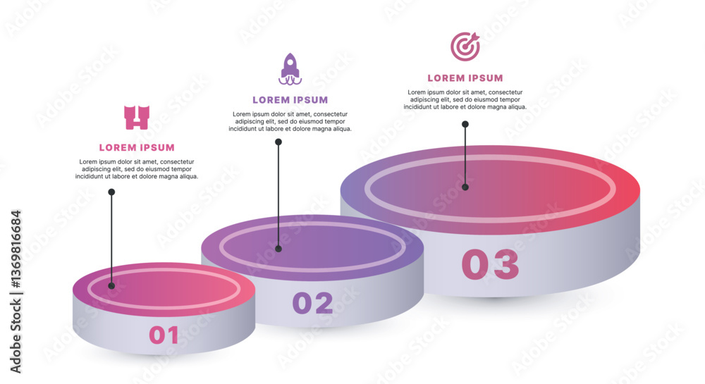 Modern infographic template for business presentations: step-by-step process with numbers, text blocks, and graphic elements for easy demonstration of a plan, strategy, or report.