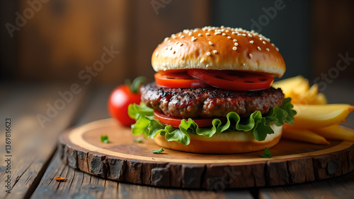 Wallpaper Mural Delicious Sesame Seed Burger on Rustic Plank Torontodigital.ca