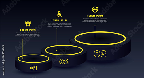 Modern infographic template for business presentations: step-by-step process with numbers, text blocks, and graphic elements for easy demonstration of a plan, strategy, or report.