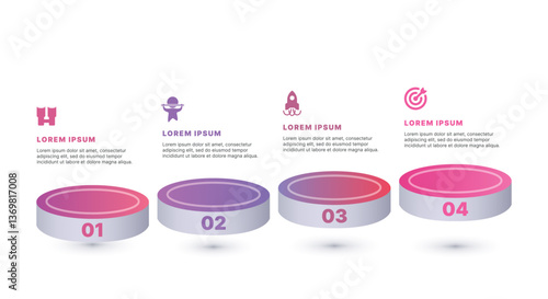 Modern infographic template for business presentations: step-by-step process with numbers, text blocks, and graphic elements for easy demonstration of a plan, strategy, or report.