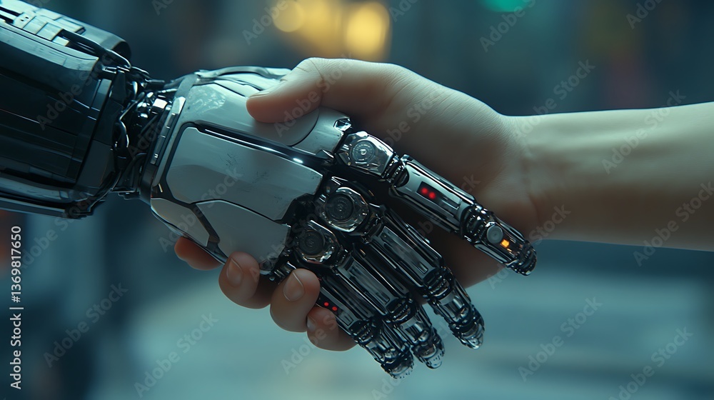 Close-up of a robotic hand shaking hands with a human hand, symbolizing collaboration between AI and humans Close-up of a robotic hand shaking hands with a human hand, symbolizing collaboration between AI and humans
