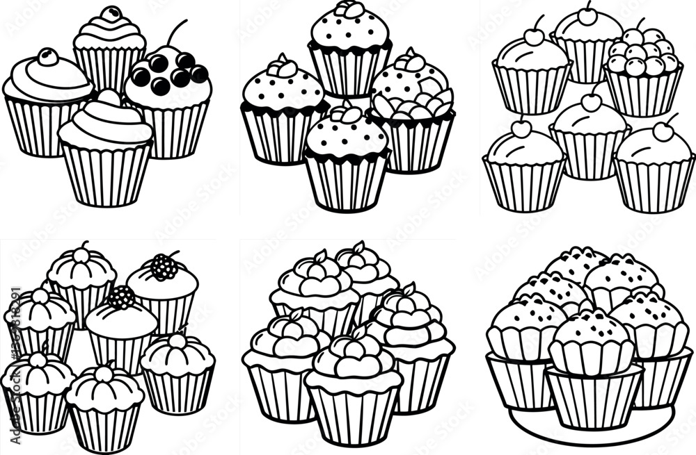 Collection of Cupcake Outlines, Black and White, Assorted Toppings, Food Illustrations Collection of Cupcake Outlines, Black and White, Assorted Toppings, Food Illustrations