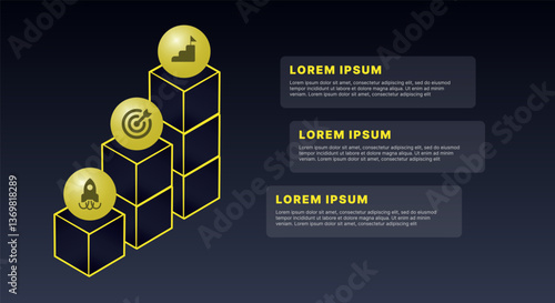 Modern infographic template for business presentations: step-by-step process with numbers, text blocks, and graphic elements for easy demonstration of a plan, strategy, or report.