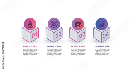 Modern infographic template for business presentations: step-by-step process with numbers, text blocks, and graphic elements for easy demonstration of a plan, strategy, or report.