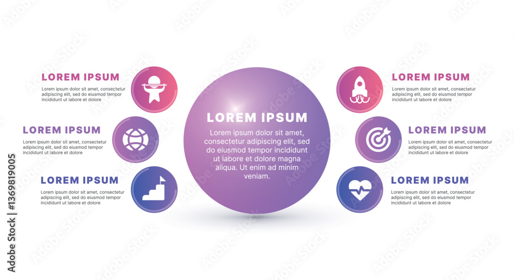 Modern infographic template for business presentations: step-by-step process with numbers, text blocks, and graphic elements for easy demonstration of a plan, strategy, or report.